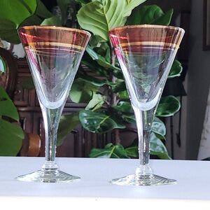 Set of 2 Vintage Red and Gold Trim Flared  Liquor Glasses With Stem‎ 5oz